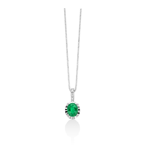 Collana in Oro bianco, Smeraldo e tre Diamanti