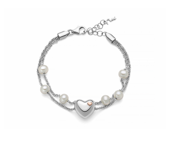 Bracciale in Argento doppio Filo con Perle e Cuore Centrale