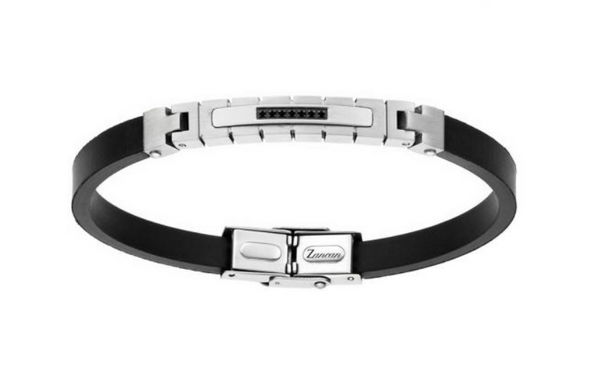 Bracciale uomo Zancan Hi-Teck nero pelle ed acciaio con zirconi UHB030